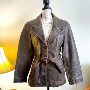 Wilson Genuine Leather Vintage Brown/Tan Blazer SZ L Belted Front Pockets